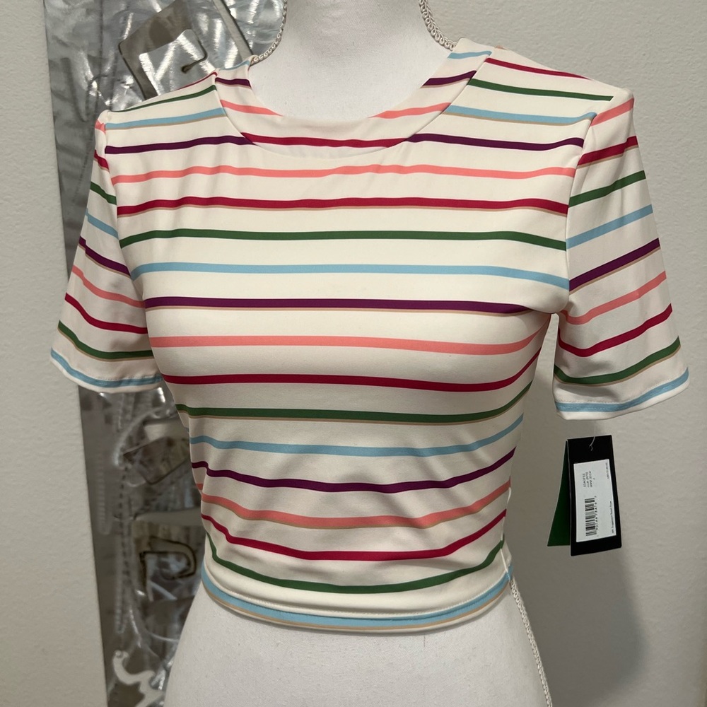 NWT Kate Spade Short Sleeve Rashguard Bikini Top - Party Stripe
